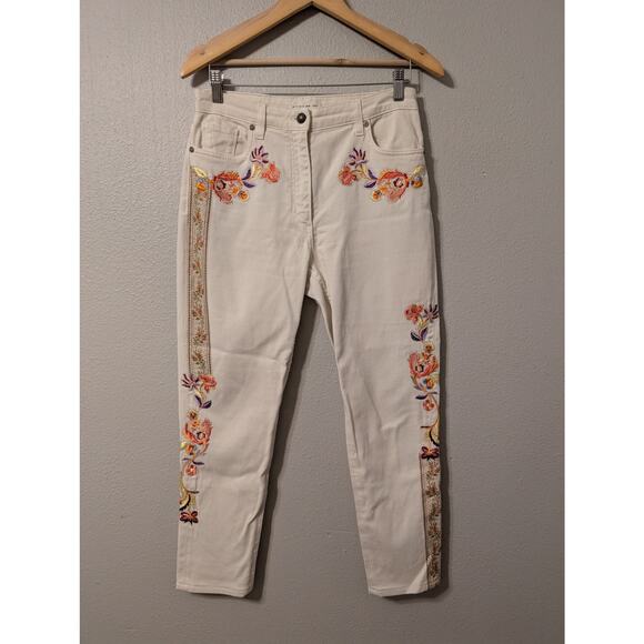 Rare ETRO Floral Printed Denim  Ankle Jeans Womens 28 Cream Embroidered Tapered - Picture 1 of 13